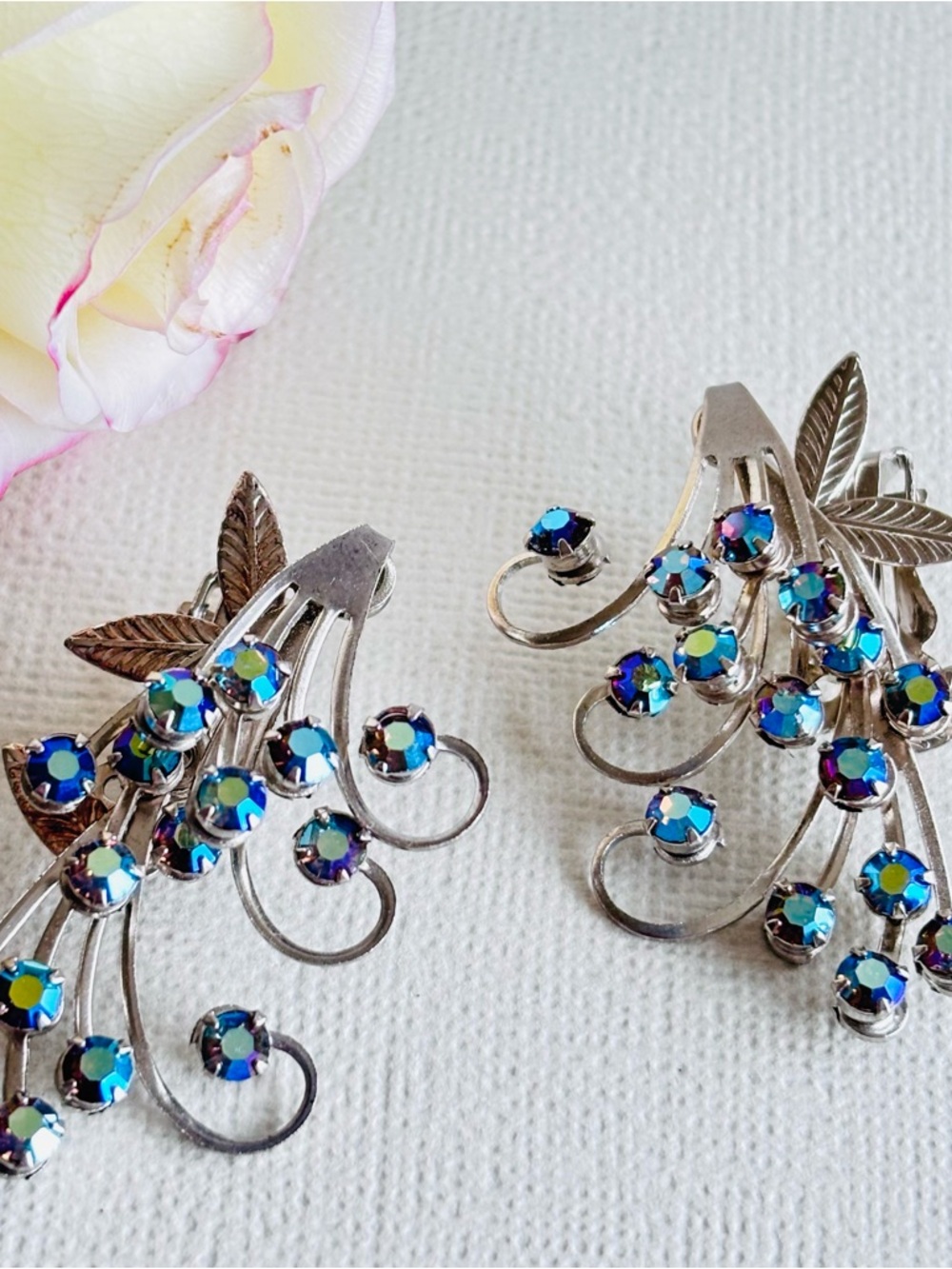 Vintage Clip On Aurora Borealis Blue Crystal Peacock Earrings
